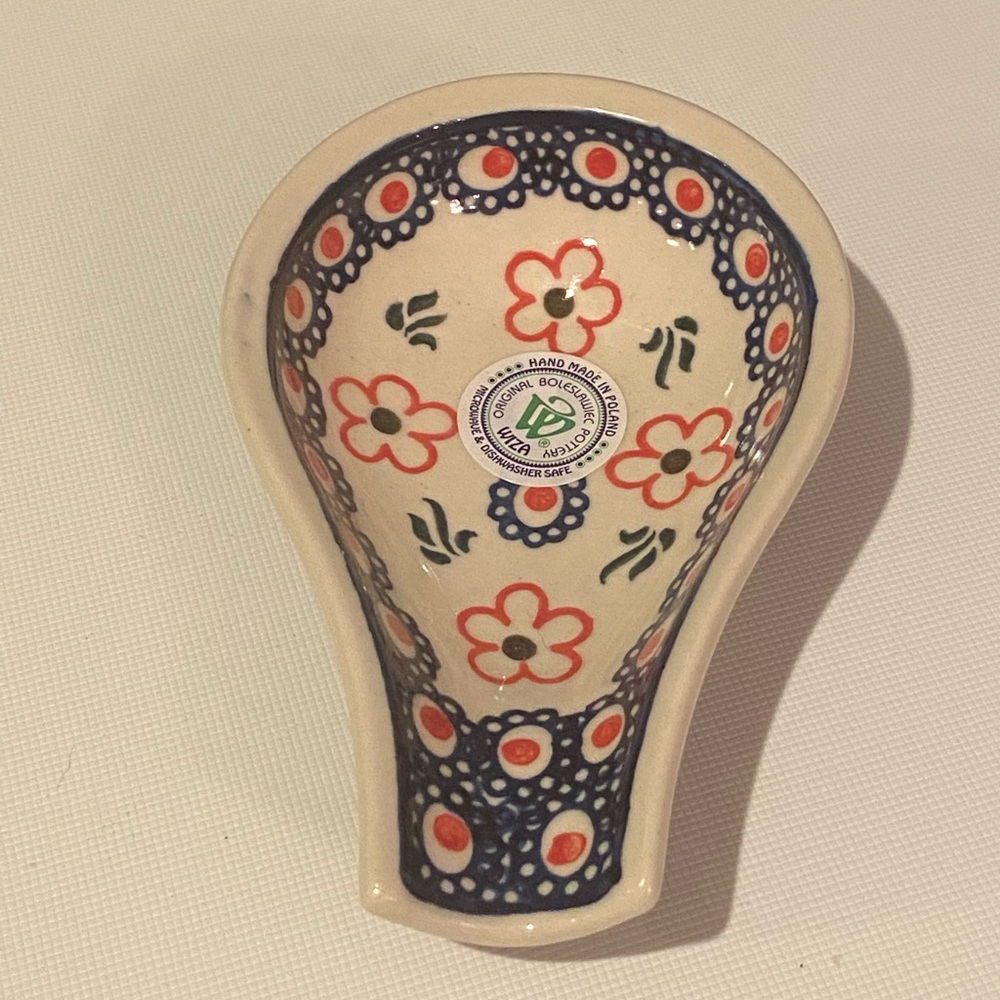 NWT Wiza Boleslawiec Polish Pottery Spoon Rest Signed Poland Red Daisies - Picture 2 of 7